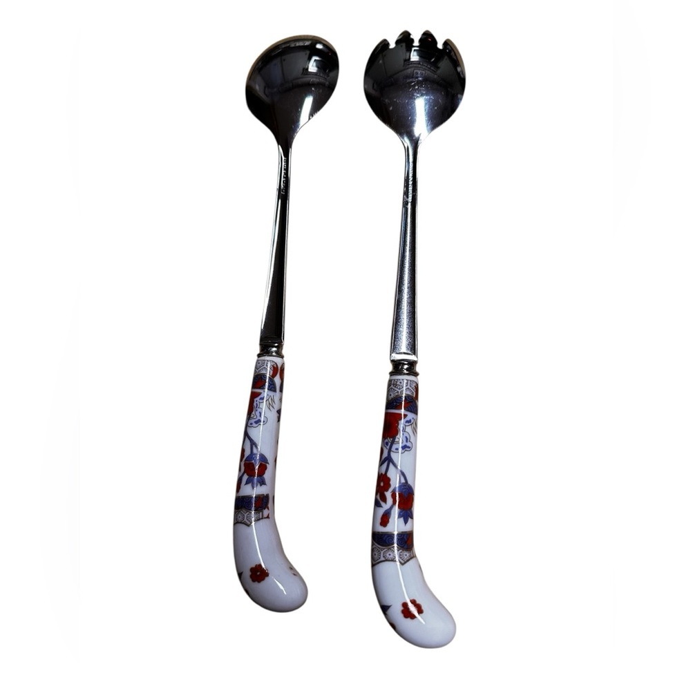 House of Prill Stainless Sheffield England Porcelain Salad Utensils Serving Set - Picture 2 of 6